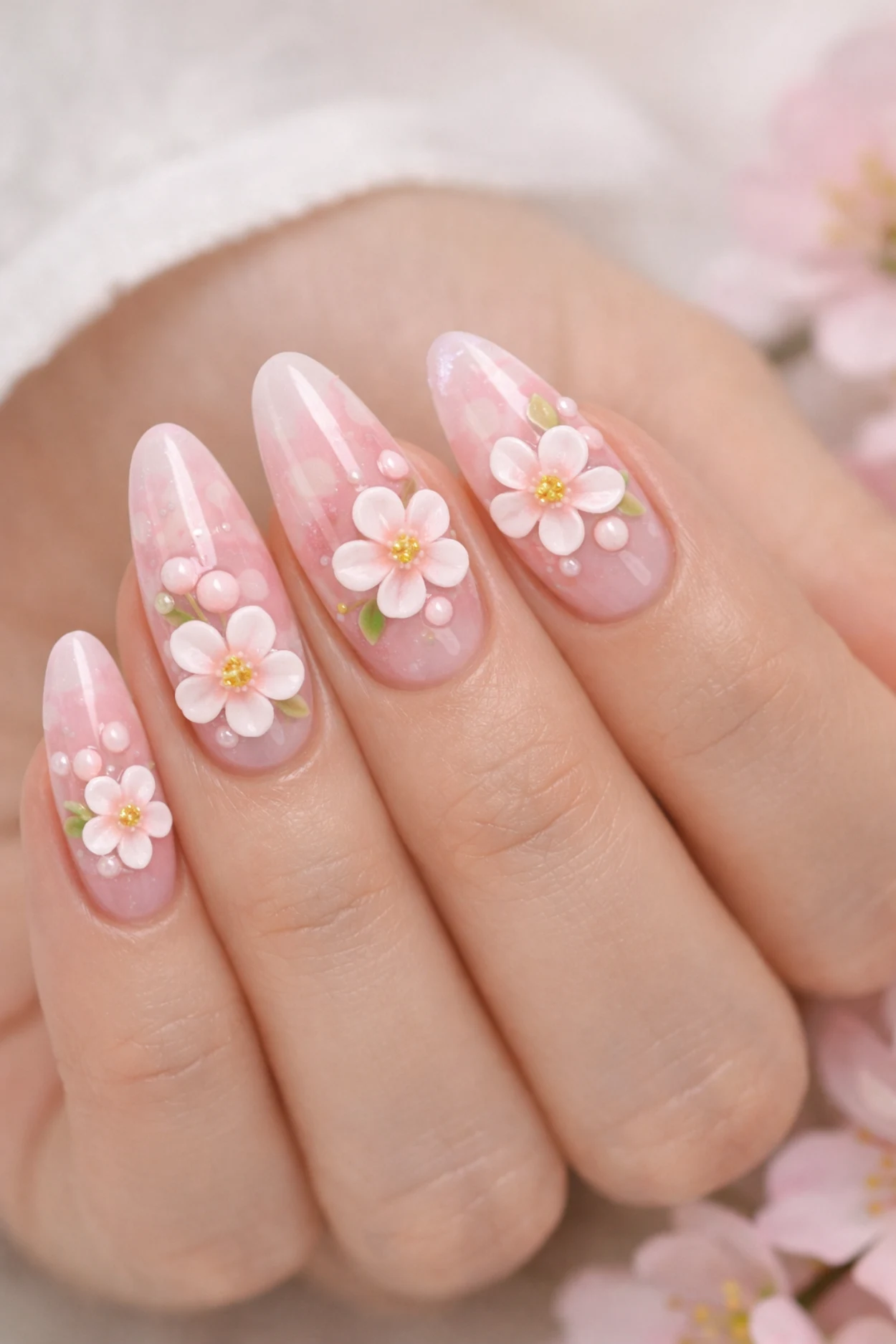 3D Sheer Watercolor Cherry Blossom Nails