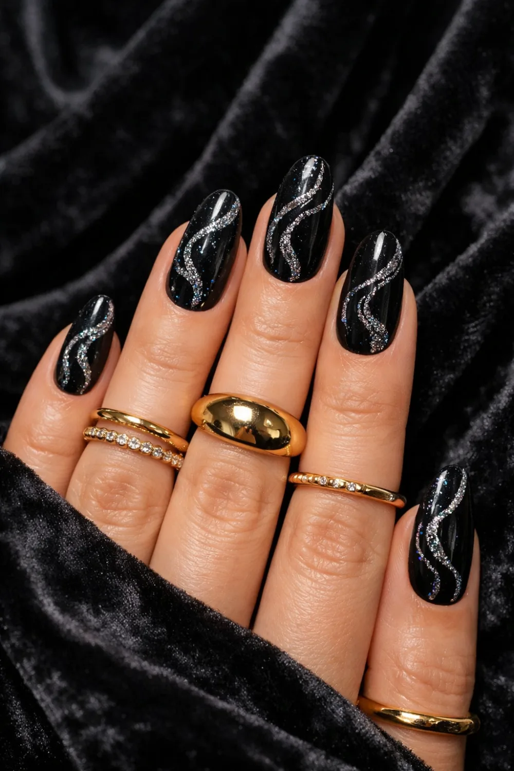 Black Glitter Swirl Nails