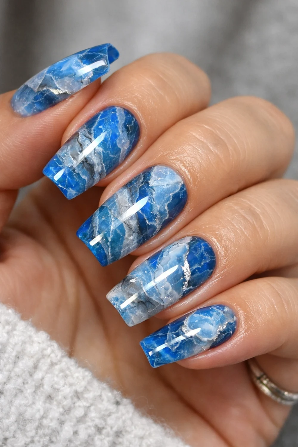 Blue Crystal Marble Nails