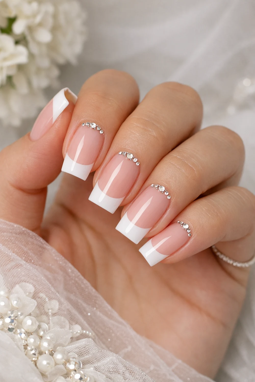 Classic French Square Nails With Crystal Bridal Touch