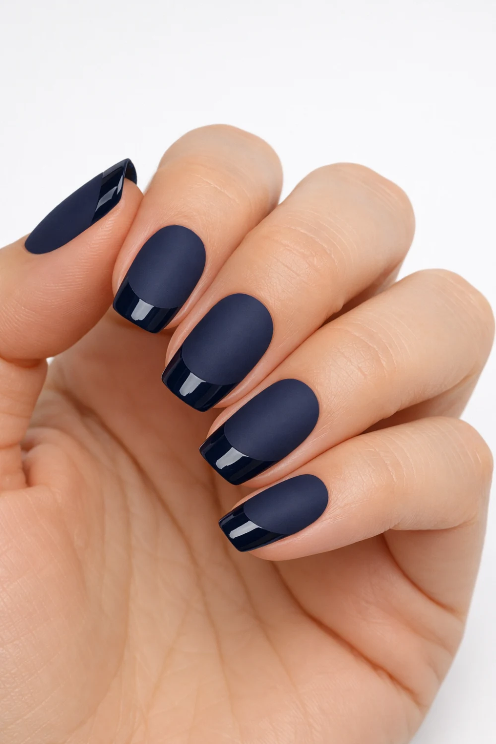 Dual-Finish Navy French Nails