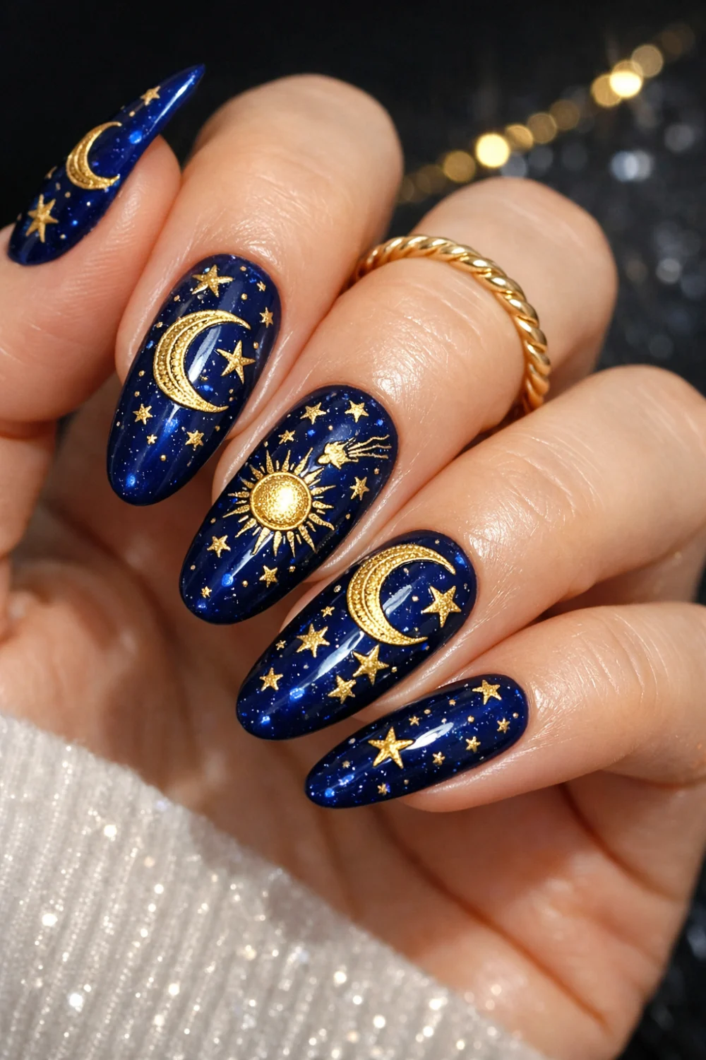 Gold Celestial Blue Nails