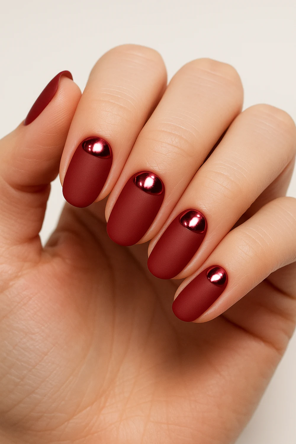 Metallic Ruby Half-Moon Nails