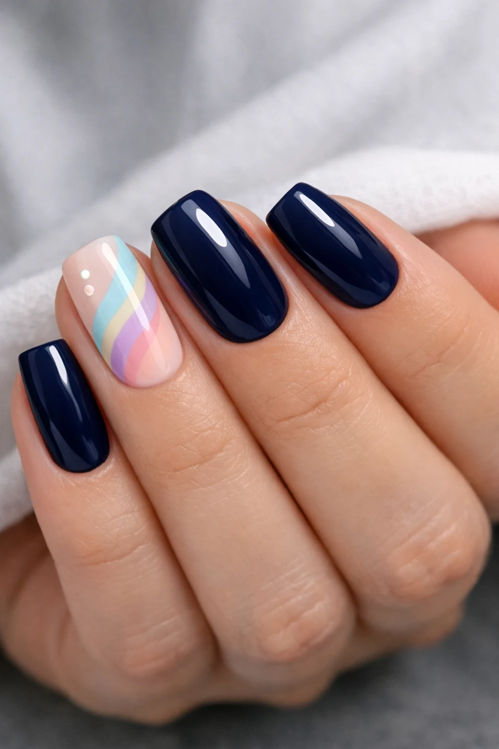 Soft Pastel Accent Navy Nails